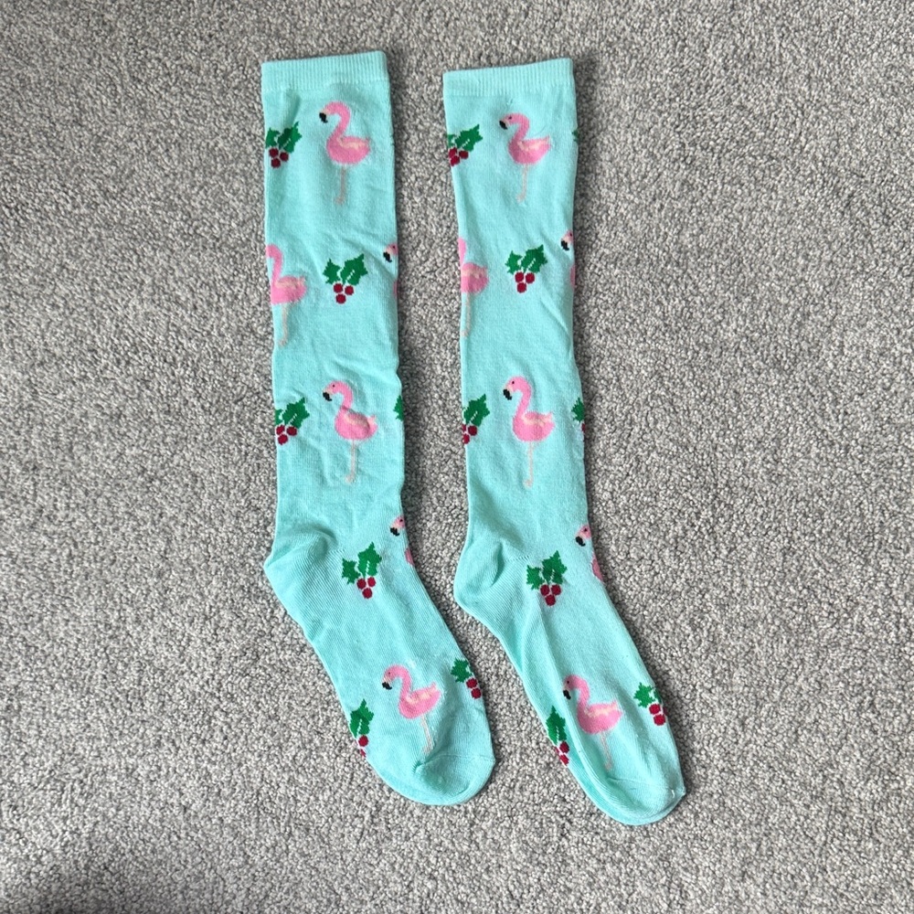 Aqua Knee-High Socks with Pink Flamingo Pattern